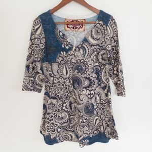 Amma Design Boho Paisley V-Neck Tunic Top Blue Cream Size Small